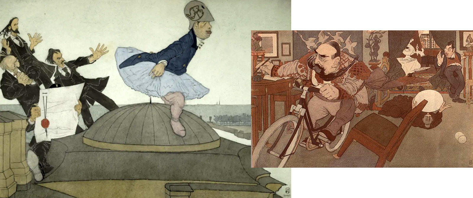 Repin on his knees, Bakst is a rooster, and Diaghilev is a milkmaid. Mocking caricatures by Pavel Shcherbov.