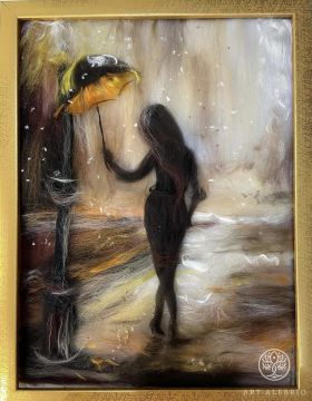 Картина из шерсти "Прогулка под дождем"