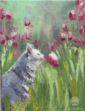 Cat is sniffing a tulip