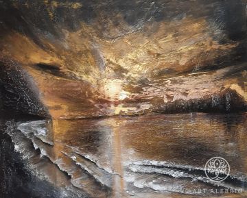 Golden sunset. Interior picture in frame. Canvas on hardboard, texture paste, acrylic, gold foil, gold leaf