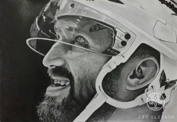 Drawing with a simple pencil. Portrait of 3-time world hockey champion Alexander Ovechkin.