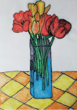 Red, yellow and orange tulips
