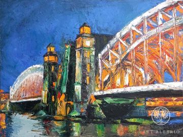 Landscape with the St. Petersburg bridge at night, oil on canvas, size 60×80 cm