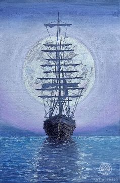 Ship on a moonlit night.