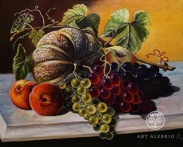 "Still life with melon and grapes"