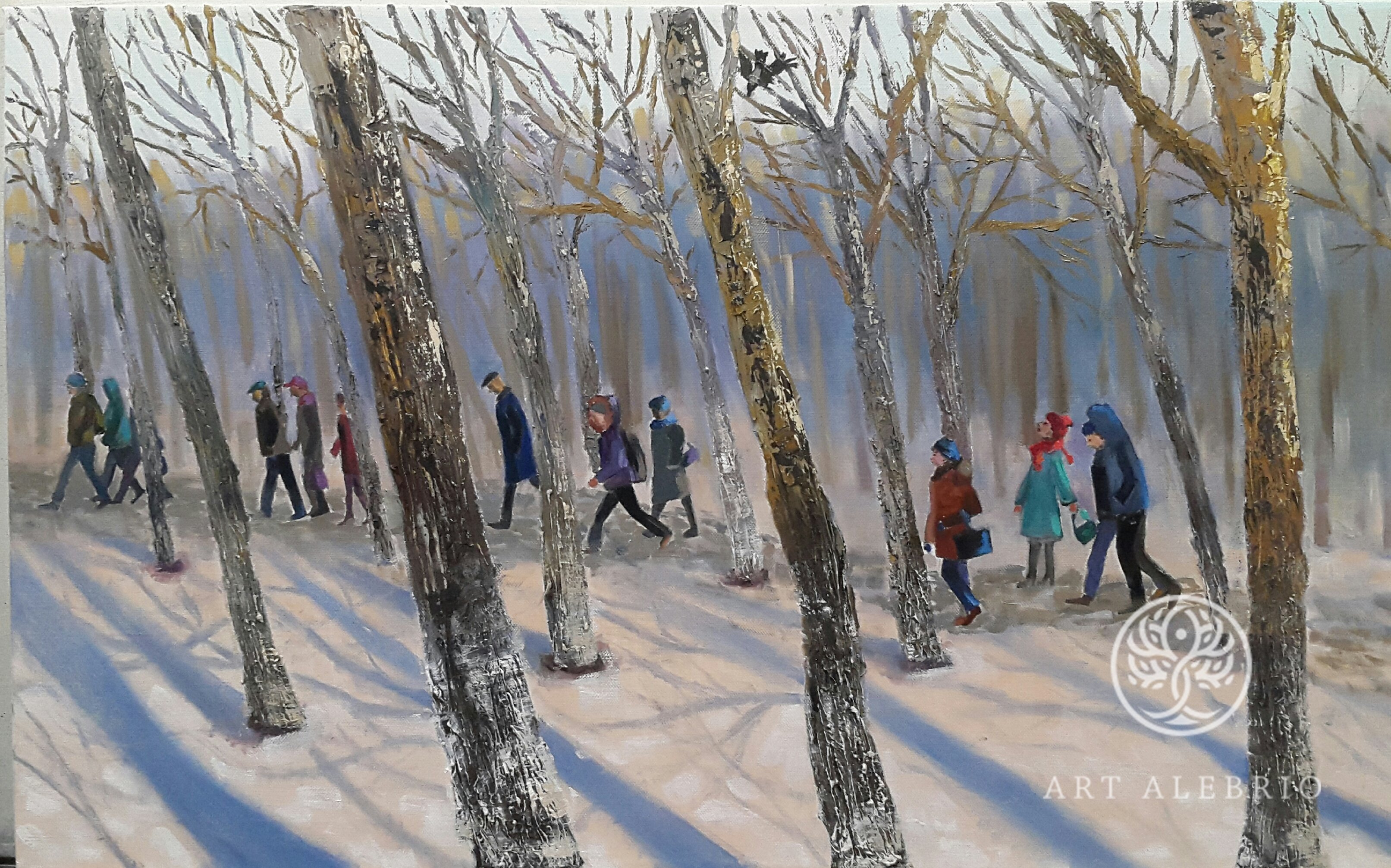 Январь 42 года. Живопись группа людей зимой. Шёл по городу художник конкурс.