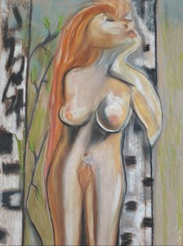 "Nude against a background of birch trees" based on Salvador Dali's "Bleeding Roses" 1930."