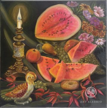 Diptych: Watermelon and fruits by candlelight