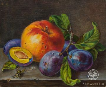 Still life with apple and plums
