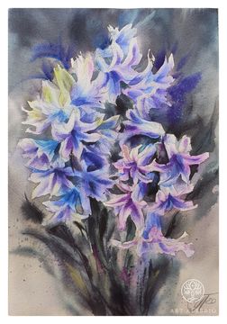 Blue hyacinth - watercolor painting with flowers, blue, indigo, yellow.