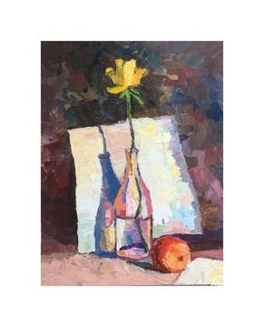"Still life with a yellow rose" (cardboard, oil). 
