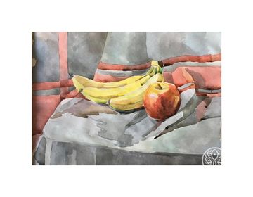 "2 bananas and an apple" (watercolor on paper).