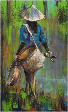 "A girl with a basket walking along a field"