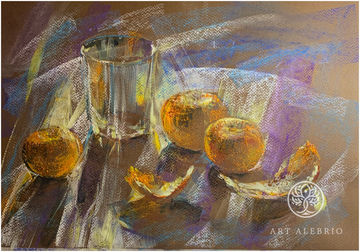 Still life with three tangerines and a glass