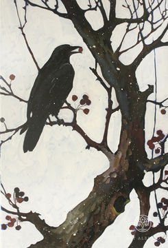 Raven and apple tree