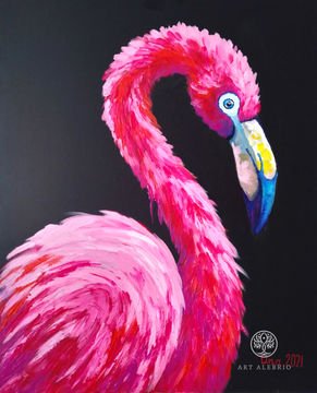 Розовый фламинго, смотрящий направо