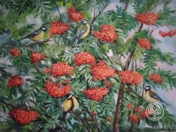 Painting "Tits on a rowan tree" Oil paints, canvas, 60*80