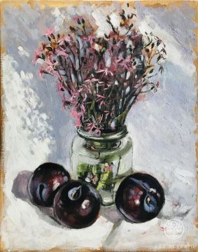 Still life with plums and wildflowers