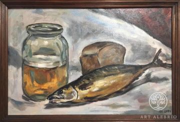 still life with a can of beer and fish