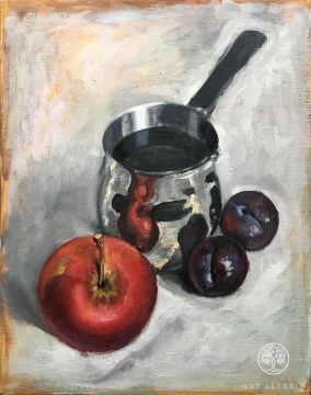 Coffee, apple and plums