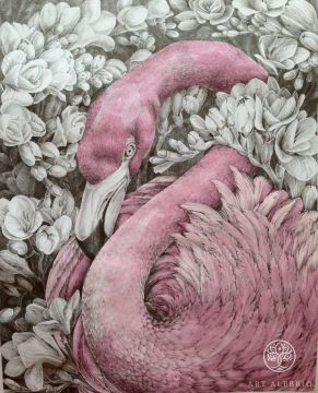Розовый фламинго в ветках фрезии