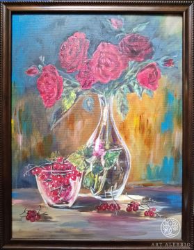 Still life with roses and red currants