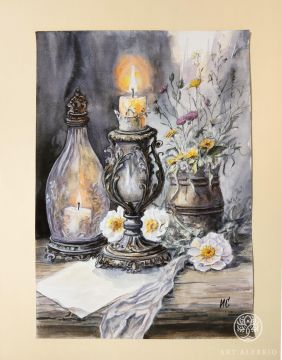 Still life with candles and flowers