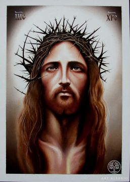 Jesus Christ wearing a crown of thorns. The image of Jesus Christ in a new, unique iconography.